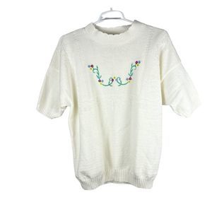 Vintage village fair off white embroidered shirt sleeve sweater floral grandma